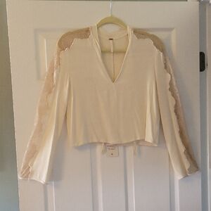 Free People Cream Crop Blouse with Cut Out Mandarin Collar